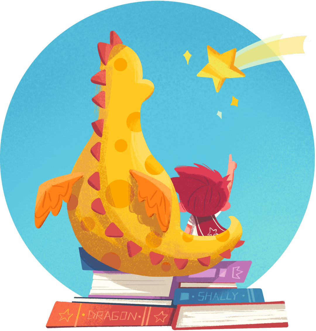 Shally drago with friend sitting on stock of books